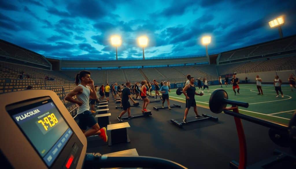 A sports stadium at twilight, filled with athletes engaged in various training exercises. In the foreground, a runner on a treadmill, the machine's display reflecting a placebo reading that motivates their performance. In the middle ground, a group of weightlifters focused on their reps, unaware that their equipment has been subtly tampered with to provide a perceived advantage. In the background, a basketball court where players seem to defy gravity, their movements enhanced by an unseen force. Soft, warm lighting bathes the scene, creating an atmosphere of determined focus and subtle deception.