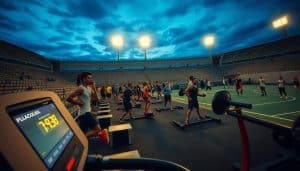 A sports stadium at twilight, filled with athletes engaged in various training exercises. In the foreground, a runner on a treadmill, the machine's display reflecting a placebo reading that motivates their performance. In the middle ground, a group of weightlifters focused on their reps, unaware that their equipment has been subtly tampered with to provide a perceived advantage. In the background, a basketball court where players seem to defy gravity, their movements enhanced by an unseen force. Soft, warm lighting bathes the scene, creating an atmosphere of determined focus and subtle deception.