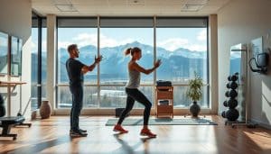 A sports therapy clinic in Calgary, Alberta, set against a backdrop of the majestic Rocky Mountains. In the foreground, a physiotherapist guides a patient through a series of dynamic exercises, integrating elements of variability into the training regimen. The patient's movements are fluid and adaptable, showcasing the importance of incorporating unpredictability to enhance flexibility, balance, and overall athletic performance. The clinic's modern, well-equipped interior provides an inviting and professional environment, with natural lighting streaming in through large windows. The scene conveys a sense of expertise, innovation, and a commitment to personalized, evidence-based sports therapy.