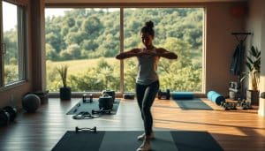 A tranquil home gym set against a warm, natural backdrop. In the foreground, a person diligently engages in a systematic review exercise, their movements precise and purposeful. Soft, diffused lighting illuminates the scene, creating a serene and focused atmosphere. The middle ground features a neatly organized array of exercise equipment, including resistance bands, yoga mats, and free weights, all meticulously arranged. In the background, a lush, verdant landscape provides a calming, almost meditative setting, inviting the viewer to immerse themselves in the scene and the practice of adherence to a fitness routine.