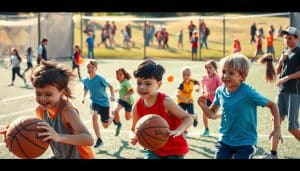 A vibrant, action-packed scene of young athletes with ADHD and autism engaging in a variety of sports activities. In the foreground, a group of children enthusiastically playing basketball, their movements captured in dynamic poses. In the middle ground, a team of teenagers competing in a relay race, their faces filled with determination. In the background, a sports field where others are participating in activities like soccer, tennis, and swimming, all overseen by attentive coaches and therapists. The lighting is warm and natural, casting a welcoming glow over the inclusive, supportive environment. The overall atmosphere conveys the empowerment, joy, and sense of community that sports can bring to neurodivergent individuals.