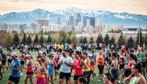 A vibrant crowd of diverse athletes, representing the demographic tapestry of Calgary, gathers on a well-lit sports field. In the foreground, a group of runners, cyclists, and fitness enthusiasts stretch and warm up, their athletic gear and expressions reflecting the energy of the scene. In the middle ground, a mix of recreational and competitive athletes, from various age groups and cultural backgrounds, engage in a variety of sports, from basketball and soccer to yoga and rock climbing. The background features the iconic cityscape of Calgary, with the Rocky Mountains providing a majestic backdrop, conveying a sense of place and community. The overall atmosphere is one of inclusivity, health, and the celebration of active lifestyles in the city.