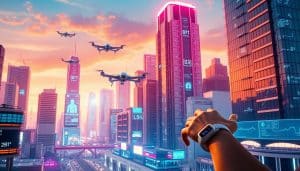 A vibrant, futuristic cityscape with sleek, interconnected healthcare technologies seamlessly integrated into the urban environment. In the foreground, a person wearing a smart wearable device, their health data transmitted wirelessly to a nearby monitoring station. In the middle ground, holographic displays showcase real-time vitals and treatment recommendations, while autonomous medical drones zip through the air. The background features towering skyscrapers adorned with sensor-laden facades, their intelligent systems constantly tracking the well-being of the city's inhabitants. Warm, neon-tinged lighting casts an optimistic glow, conveying a sense of advanced, proactive healthcare that empowers individuals to take control of their wellness.