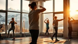 A vibrant sports therapy clinic set against the majestic backdrop of the Canadian Rockies. In the foreground, a physiotherapist guides a patient through a series of dynamic movements, showcasing the benefits of movement variability. Warm natural lighting filters through large windows, casting a soft glow on the scene. The clinic's modern, minimalist design elements create a calming, therapeutic atmosphere. In the middle ground, other patients engage in a variety of exercises, each motion unique and adaptable. The background features the snow-capped peaks of the Rocky Mountains, a symbol of the region's active, outdoorsy lifestyle. The overall impression conveys the importance of embracing movement variability for optimal sports performance and injury prevention.