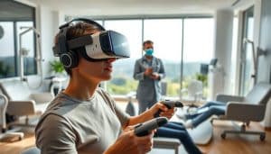 A virtual reality therapy session in a modern rehabilitation clinic. In the foreground, a patient wearing a high-quality VR headset and controllers, immersed in an interactive virtual environment. Surrounding them, specialized equipment and therapists closely monitoring the session. The middle ground features sleek, minimalist furniture and medical instruments, conveying a sense of advanced, cutting-edge technology. In the background, large windows offer a serene, natural landscape, creating a calming, therapeutic atmosphere. Bright, diffused lighting gently illuminates the scene, highlighting the clinical yet welcoming ambiance. The overall composition suggests the seamless integration of virtual reality into the rehabilitation process, promoting recovery and well-being.