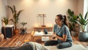 A warm, inviting scene showcasing personalized sports therapy care. In the foreground, a patient receives one-on-one attention from a sports therapist, their facial expressions conveying a sense of comfort and trust. The therapist's body language is attentive and caring, demonstrating a tailored approach. In the middle ground, various therapeutic equipment and tools are neatly arranged, suggesting a well-equipped, modern facility. The background features calming, natural elements like potted plants and soft lighting, creating a serene, spa-like atmosphere. The overall composition emphasizes the individualized, holistic nature of the sports therapy experience.