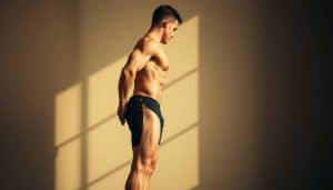 A well-aligned athletic posture, captured in a dynamic composition. A muscular figure stands tall, shoulders back, core engaged, and limbs poised with graceful control. Warm, natural lighting casts subtle shadows, highlighting the sculpted form. The scene is set against a softly blurred, muted background, keeping the focus on the subject's impeccable postural alignment. The image conveys a sense of strength, stability, and the essential role of proper posture in optimizing athletic potential and performance.