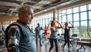 A well-equipped rehabilitation center, filled with cutting-edge equipment and determined patients. In the foreground, a state-of-the-art robotic exoskeleton assists a patient in regaining mobility, their face etched with focus. In the middle ground, a group of patients engage in a guided, low-impact aerobic session, their movements synchronized to the rhythm of uplifting background music. The background showcases a panoramic view of the facility, with large windows allowing natural light to flood the space, creating a serene and rejuvenating atmosphere. The overall scene conveys a sense of innovation, progress, and the unwavering commitment to helping individuals reclaim their physical and mental well-being.