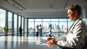 A well-lit, contemporary office setting showcasing the benefits of healthcare compliance in Calgary. In the foreground, a doctor in a white coat reviews compliance documents on a desk, exuding professionalism and expertise. The middle ground features medical staff collaborating, highlighting the importance of teamwork in upholding regulatory standards. In the background, a panoramic view of the Calgary skyline through large windows, conveying a sense of urban progress and the city's commitment to healthcare excellence. Soft, diffused lighting creates a warm, inviting atmosphere, while clean, minimalist design elements reflect the precision and order inherent in regulatory compliance.