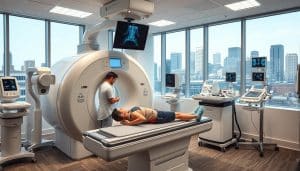 A well-lit, detailed MRI imaging room in a modern sports therapy clinic in Calgary, Alberta. The foreground features a technician carefully operating the MRI machine, while a patient in athletic attire lies on the scanning table. The middle ground showcases various diagnostic imaging equipment, including x-ray machines and ultrasound devices. The background depicts a clean, clinical environment with large windows overlooking the city skyline, conveying a sense of professionalism and advanced medical technology dedicated to sports injury care.