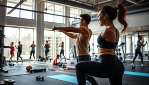A well-lit, detailed scene of a person engaging in various fitness exercises, such as stretching, weightlifting, and cardio activities. The individual is positioned in the foreground, wearing comfortable athletic attire and focused on their workout routine. In the middle ground, there are various exercise equipment and tools, including resistance bands, yoga mats, and dumbbells. The background depicts a clean, modern gym environment with large windows, natural lighting, and a serene atmosphere. The overall mood conveys a sense of dedication, discipline, and the positive impact of consistent exercise on one's well-being.