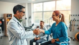 A well-lit doctor's office with a focus on collaborative care. In the foreground, a physician and a sports therapist shake hands, their faces expressing mutual understanding and respect. The middle ground features a patient sitting comfortably, receiving attentive care from both professionals. Soft, natural lighting filters through large windows, creating a calming, inviting atmosphere. The background showcases various medical equipment and sports rehabilitation tools, subtly signifying the integration of primary care and sports therapy. The scene conveys a sense of trust, expertise, and a patient-centered approach to healthcare.