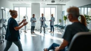 A well-lit, high-resolution image of a rehabilitation clinic setting with a focus on risk factors. In the foreground, a patient undergoing physical therapy exercises, their movements captured with a shallow depth of field. In the middle ground, medical professionals discussing test results and treatment plans. The background features modern rehabilitation equipment, ergonomic furniture, and floor-to-ceiling windows allowing natural light to flood the space, conveying a sense of openness and wellness. The overall atmosphere is one of calm, professionalism, and a commitment to personalized, evidence-based care.