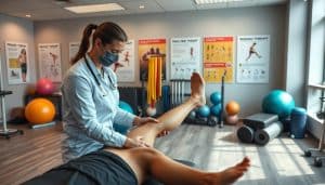 A well-lit, high-resolution image of an evidence-based sports physical therapy clinic. In the foreground, a physiotherapist carefully examining a patient's leg, applying hands-on techniques. In the middle ground, various therapeutic equipment like exercise balls, resistance bands, and foam rollers arranged neatly. The background features informative posters showcasing rehabilitation exercises and recovery timelines. The overall atmosphere conveys a sense of professionalism, expertise, and a commitment to personalized, research-driven treatment. Soft, natural lighting and a clean, modern aesthetic create a calming, reassuring environment.