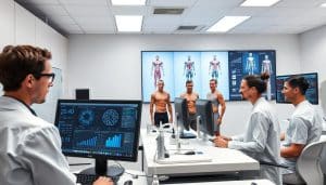 A well-lit laboratory setting with sleek, modern workstations and advanced medical equipment. In the foreground, a researcher in a white lab coat examines data charts and graphs on a high-resolution computer monitor. In the middle ground, several elite athletes undergo various physiological tests, their vital signs and biometric data displayed on nearby screens. The background features a wall-mounted display showcasing detailed 3D models of the human body, annotated with analytical insights. Crisp, clean lighting and a minimalist, high-tech atmosphere convey the serious, scientific nature of the elite athlete research.