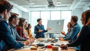 A well-lit, modern classroom setting with an array of professionals engaged in interactive training activities. The foreground features a diverse group of employees collaborating on a hands-on project, their expressions focused and engaged. In the middle ground, an instructor gestures animatedly while presenting on a large, interactive whiteboard. The background showcases a spacious, airy room with large windows, offering a sense of openness and inspiration. Soft, diffused lighting creates a welcoming, productive atmosphere, and the overall scene conveys a spirit of continuous learning, skill development, and workforce empowerment.