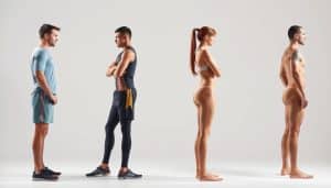 A well-lit studio scene depicting several athletes in various postural deviations. The foreground features a male athlete in an exaggerated forward head and rounded shoulder posture, with a female athlete in a side-view showing excessive spinal curvature. In the middle ground, another athlete exhibits a pronounced pelvic tilt. The background has a clean, neutral backdrop to focus attention on the anatomical details. Crisp, high-resolution rendering using a 50mm lens to capture the nuanced body mechanics, with natural, even lighting to showcase the postural irregularities.