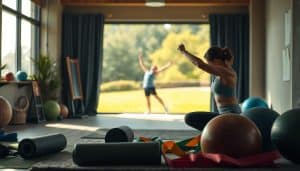 A winter sports athlete performing physical therapy exercises in a cozy, dimly-lit indoor setting, with various therapeutic equipment like foam rollers, resistance bands, and exercise balls in the foreground. In the middle ground, a summer sports athlete stretching on a grassy field, surrounded by lush greenery and warm sunlight. The background fades into a blurred scene showcasing the distinct seasonal environments, emphasizing the contrasting therapy needs for different sports. The lighting is soft and natural, creating a calming, introspective atmosphere.