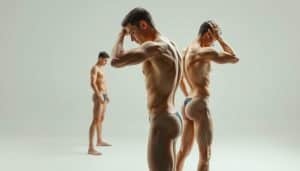 An athlete standing in a well-lit studio, their body aligned and displayed in a dynamic, three-quarter pose. The camera captures a detailed, high-resolution view, showcasing the subject's muscular form and postural alignment from various angles. Soft, directional lighting accentuates the contours of the body, creating a sense of depth and dimension. The background is a clean, neutral space, allowing the focus to remain on the athlete's physique and posture. The overall composition conveys a sense of professionalism and technical analysis, suitable for a medical or sports-related assessment.