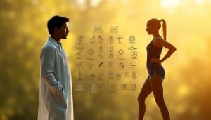 Scope of practice comparison: a detailed illustration showcasing the distinct roles and responsibilities of physiotherapists and sports therapists. In the foreground, two figures stand in profile, one clad in a white lab coat, the other in athletic attire, their contrasting silhouettes symbolizing their unique areas of expertise. The middle ground features a series of icons and symbols denoting the specific treatments, techniques, and specializations associated with each profession. The background is bathed in a warm, natural light, conveying a sense of professionalism and expertise. The overall composition aims to highlight the nuanced differences between these two allied healthcare disciplines, providing a clear visual reference for the reader.