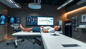 Sports injury analysis in a modern sports therapy clinic. A patient lying on an examination table, surrounded by medical equipment and diagnostic imagery. Bright, clinical lighting illuminates the scene, creating a sense of professionalism and expertise. In the background, a wall-mounted display shows various injury data and analytics, providing insights into the nature and prevalence of sports-related injuries in the local community. The atmosphere conveys a combination of scientific rigor, empathetic care, and a commitment to evidence-based treatment and prevention strategies.