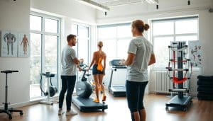 A bright, airy physiotherapy clinic with large windows, filled with natural light. In the foreground, a patient undergoes a comprehensive movement assessment, with a physiotherapist observing their range of motion, balance, and gait. The middle ground shows various diagnostic tools and equipment, including a treadmill, resistance bands, and a posture evaluation platform. In the background, anatomical diagrams and educational posters adorn the walls, creating an atmosphere of informed, evidence-based care. The lighting is soft and flattering, with a warm, inviting ambiance that puts the patient at ease. The overall scene conveys a sense of thorough, personalized assessment and a commitment to preventative sports physiotherapy.