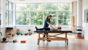 A bright, airy physiotherapy clinic with modern equipment and natural lighting. In the foreground, a physiotherapist assists a patient in performing a series of stretches and exercises on a treatment table. The middle ground features various therapeutic tools like massage rollers, resistance bands, and heating pads. In the background, large windows overlook a lush, verdant outdoor scene, creating a calming, rejuvenating atmosphere. The overall mood is one of focused care, expertise, and holistic healing, reflecting the clinic's commitment to exceptional post-game recovery.