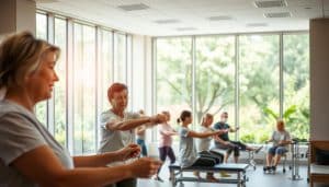 A bright, airy rehabilitation center with floor-to-ceiling windows overlooking a lush, tranquil garden. In the foreground, a patient undergoing physical therapy, a therapist guiding their movements with gentle encouragement. In the middle ground, a group of patients engaged in various exercises, their expressions focused yet hopeful. The background features state-of-the-art equipment and calming, earth-toned decor, creating a serene, supportive environment for comprehensive stroke and brain injury rehabilitation. Soft, diffused natural lighting casts a warm glow, conveying a sense of healing and progress.