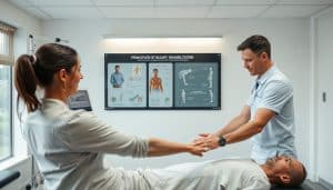 A bright, well-lit clinical setting with state-of-the-art rehabilitation equipment. In the foreground, a physiotherapist carefully guiding a patient through a series of targeted exercises, their movements precise and purposeful. In the middle ground, a wall-mounted display showcases diagrams and illustrations outlining the principles of injury rehabilitation, from tissue healing to functional restoration. The background features a panoramic view of a tranquil outdoor space, hinting at the holistic nature of the rehabilitation process. The overall atmosphere conveys a sense of professionalism, expertise, and a commitment to helping the patient regain their full strength and mobility.