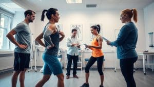 A bright, well-lit indoor physiotherapy clinic. In the foreground, a runner in athletic attire is being assessed by a physiotherapist. The runner is performing various dynamic movements and exercises, their form and technique closely observed. In the middle ground, the physiotherapist takes notes and adjusts the runner's posture. The background features medical equipment, anatomical posters, and a calm, professional atmosphere. Soft, diffused lighting and a neutral color palette create a serene, clinical ambiance. A wide-angle lens captures the scene, emphasizing the collaborative assessment process between the runner and the physiotherapist.