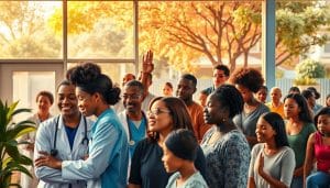 A bustling community health clinic, its facade bathed in warm, natural lighting. In the foreground, a diverse group of medical professionals collaborate, their body language conveying a sense of unity and shared purpose. The middle ground features patients of all ages and backgrounds, engaged in various wellness activities - from physical therapy sessions to mindfulness workshops. The background depicts a vibrant, tree-lined neighborhood, symbolizing the clinic's deep roots within the local community. The overall atmosphere exudes a spirit of inclusivity, empowerment and a steadfast commitment to holistic, patient-centric care.