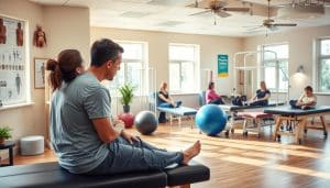 A bustling physiotherapy clinic with warm, natural lighting filtering through large windows. In the foreground, a patient sits on an examination table, attentively listening as a physiotherapist demonstrates a series of gentle stretches and exercises. Anatomical models and charts adorn the walls, providing visual cues. The middle ground features various rehabilitation equipment, such as exercise balls, resistance bands, and massage tables, creating a sense of an active, healing space. In the background, other patients engage in personalized therapy sessions, underscoring the clinic's focus on individualized care. The overall atmosphere exudes professionalism, empathy, and a commitment to the patient's well-being and recovery.