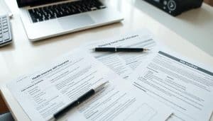 A clean, well-organized office desk with a laptop, a pen, and several insurance-related documents neatly arranged. The documents feature detailed health insurance information, including claim forms, benefits summaries, and direct billing instructions. The lighting is soft and diffused, creating a professional and trustworthy atmosphere. The entire scene is photographed from a slightly elevated angle, emphasizing the importance and attention to detail of the insurance-related materials.