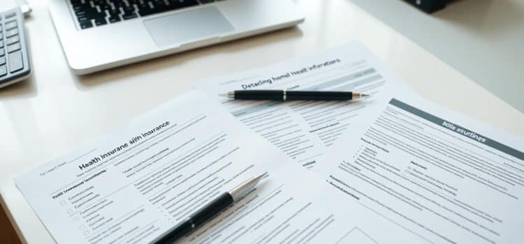 A clean, well-organized office desk with a laptop, a pen, and several insurance-related documents neatly arranged. The documents feature detailed health insurance information, including claim forms, benefits summaries, and direct billing instructions. The lighting is soft and diffused, creating a professional and trustworthy atmosphere. The entire scene is photographed from a slightly elevated angle, emphasizing the importance and attention to detail of the insurance-related materials.