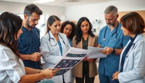 A close-knit team of medical professionals gathered in a modern, well-lit clinic, collaborating intently over patient records and diagnostic images. In the foreground, a physiotherapist, occupational therapist, and neurologist discuss treatment options, their expressions thoughtful and focused. In the middle ground, a nurse takes notes while a social worker listens attentively. The background features state-of-the-art rehabilitation equipment and a warm, inviting atmosphere conducive to holistic, personalized care. Soft, natural lighting illuminates the scene, conveying a sense of trust, expertise, and patient-centric approach to neurological rehabilitation.