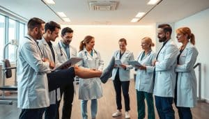 A close-knit team of skilled sports physiotherapists stand in a modern, well-equipped clinic. In the foreground, three physiotherapists in white coats and scrubs examine an athlete's leg, discussing treatment options. In the middle ground, two more physiotherapists review medical charts and confer. The background showcases the clinic's sleek, minimalist design with state-of-the-art rehabilitation equipment. Warm, diffused lighting from overhead lamps creates a professional, reassuring atmosphere. The physiotherapists' expressions convey expertise, empathy, and a collaborative approach to patient care.
