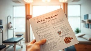 A close-up view of a person's hand holding a medical report titled "Chronic Pain Diagnosis and Treatment". In the background, a physiotherapy clinic with modern equipment and a welcoming atmosphere. Warm, natural lighting illuminates the scene, creating a sense of hope and healing. The report's pages feature detailed information and diagrams, guiding the viewer through the process of managing chronic pain. The overall mood is one of trust, care, and a commitment to the patient's well-being.