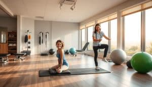 A comfortable and modern physical therapy clinic, with sleek and minimalist decor. In the foreground, a smiling patient performs exercises on a padded mat, guided by a attentive physical therapist. The middle ground features state-of-the-art equipment like balance boards, resistance bands, and stability balls. The background showcases large windows overlooking a peaceful outdoor landscape, bathing the space in warm, natural lighting. The overall atmosphere conveys a sense of personalized attention, care, and empowerment, reflecting the clinic's commitment to tailored recovery programs.