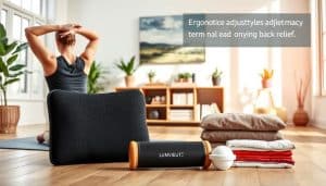 A cozy home interior with natural lighting filtering through large windows, showcasing a person performing gentle stretches and exercises on a yoga mat. In the foreground, a neatly organized arrangement of ergonomic accessories like a lumbar support cushion, a self-massaging roller, and therapeutic heat pads. In the middle ground, bookshelves and potted plants add a sense of wellness and relaxation. The background features a serene landscape painting, creating a calming atmosphere. The overall scene conveys a balanced, thoughtful approach to integrating lifestyle adjustments for long-term back pain relief.