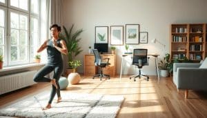A cozy living room with natural lighting filtering through large windows, showcasing various lifestyle modifications for pain management. In the foreground, a person practices gentle yoga poses on a plush area rug, their expression serene. In the middle ground, a standing desk setup with an ergonomic chair and a potted plant, hinting at the importance of proper posture and movement. The background features a bookshelf filled with self-help volumes and relaxing artwork, creating an atmosphere of tranquility and mindfulness. Soft, muted tones evoke a sense of balance and restoration, highlighting the holistic approach to chronic pain relief.