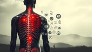 A cross-section of the human body, showcasing the intricate network of nerves, muscles, and tissues affected by chronic pain. The foreground depicts a detailed anatomical illustration, highlighting the areas of inflammation and hypersensitivity. The middle ground features a series of icons and symbols representing the various causes of chronic pain, such as injury, illness, and underlying conditions. In the background, a hazy, monochromatic landscape conveys the emotional and psychological impact of chronic pain, with muted tones and a sense of heaviness and fatigue. Dramatic low-angle lighting casts dramatic shadows, emphasizing the gravity and complexity of the subject matter. The overall composition communicates the multifaceted nature of chronic pain and its profound effect on an individual's well-being.