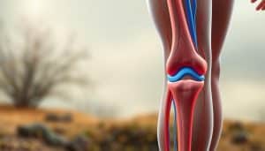 A detailed anatomical illustration of the human body's joint mobility and circulation techniques. The foreground shows a cutaway view of a major joint, such as the knee or shoulder, with labeled muscle groups, tendons, and ligaments responsible for range of motion. The middle ground depicts the vascular network supplying oxygenated blood and nutrients to the joint tissues, with arteries and veins rendered in a vibrant blue and red. The background features a subdued organic environment, perhaps a softly blurred natural landscape, to create a sense of depth and context. Render this scene with a muted, earthy color palette and soft, natural lighting to convey a soothing, therapeutic mood. Capture the scene from a slightly elevated, three-quarter angle to provide an informative, instructional perspective.