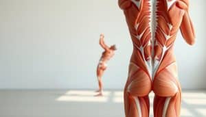 A detailed anatomical illustration showcasing the intricate core muscle activation during a Pilates exercise. The foreground depicts the human torso in a neutral standing position, with the abdominal, oblique, and lower back muscles clearly defined and highlighted. The middle ground reveals the muscular contractions and tension lines as the individual engages in a controlled Pilates movement, emphasizing the integration of the core stabilizers. The background features a minimalist, clinical setting with soft lighting, creating a serene and educational atmosphere to complement the scientific nature of the illustration.