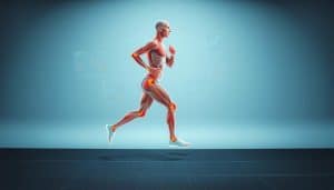 A detailed biomechanical analysis of a runner's stride, captured through high-speed cameras and motion tracking sensors. The runner's body in sharp focus, muscles and joints highlighted, with a neutral, clinical backdrop that emphasizes the scientific nature of the analysis. Crisp, evenly-lit environment with a slight bluish tone, creating a sense of precision and professionalism. The runner's form frozen in mid-stride, various data overlays and visualizations floating around, conveying the wealth of insights gathered through this in-depth examination of running mechanics.