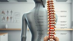 A detailed cross-section illustration of the human spine, showcasing the key factors that contribute to back pain. In the foreground, a clear view of the vertebrae, discs, and nerve roots, highlighting common issues like herniated discs, spinal stenosis, and degenerative disc disease. The middle ground depicts the supporting musculature, ligaments, and tendons, emphasizing how poor posture, muscle imbalances, and overuse can lead to strain and inflammation. The background features a clean, clinical setting with subtle anatomical diagrams and medical imagery, conveying an educational, informative atmosphere. Rendered in a realistic, high-detail style with muted, earthy tones to create a sense of calm and professionalism.