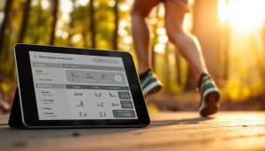 A detailed running recovery plan displayed on a digital tablet, set against a warm, natural backdrop. The foreground shows the tablet screen with a custom workout regimen, exercise illustrations, and recovery metrics. The middle ground features a runner's legs and feet, conveying a sense of active rehabilitation. The background depicts a soothing, sun-dappled forest scene, creating a calm, restorative atmosphere. Soft, diffused lighting illuminates the scene, evoking a sense of holistic wellbeing. The overall composition suggests a personalized, evidence-based approach to running injury recovery.