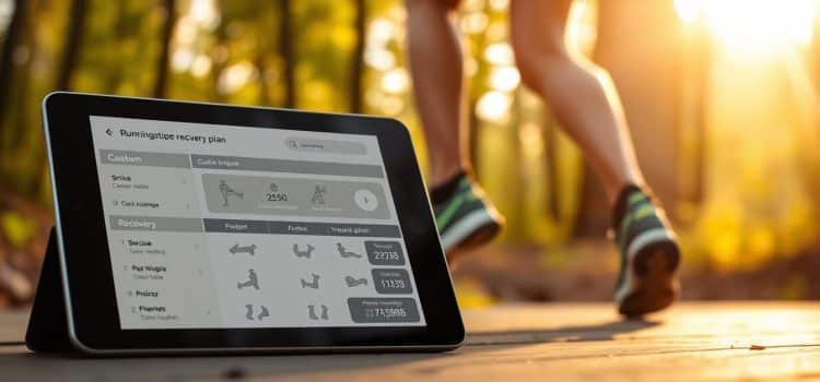 A detailed running recovery plan displayed on a digital tablet, set against a warm, natural backdrop. The foreground shows the tablet screen with a custom workout regimen, exercise illustrations, and recovery metrics. The middle ground features a runner's legs and feet, conveying a sense of active rehabilitation. The background depicts a soothing, sun-dappled forest scene, creating a calm, restorative atmosphere. Soft, diffused lighting illuminates the scene, evoking a sense of holistic wellbeing. The overall composition suggests a personalized, evidence-based approach to running injury recovery.