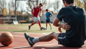 A detailed scene of common sports injuries in Calgary, Canada. In the foreground, a basketball player sits on the court, clutching their ankle in pain. In the middle ground, a soccer player limps off the field, supported by a teammate. In the background, a runner stretches their hamstring on the sideline. The lighting is natural, with soft shadows and highlights. The scene is captured with a wide-angle lens, creating a sense of depth and context. The overall mood is one of concern and care, reflecting the need for physiotherapy treatments to address these prevalent sports-related injuries.
