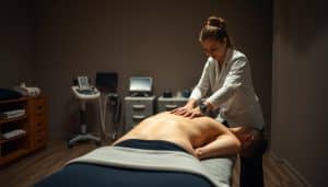 A dimly lit room with a massage table in the foreground, showcasing a physiotherapist performing various manual therapy techniques on a patient's back. The therapist's hands are gently kneading and manipulating the muscles, with a focused expression on their face. In the middle ground, medical equipment and supplies are neatly arranged, creating a professional and calming atmosphere. The background features a neutral-toned wall, with soft, warm lighting illuminating the scene. The overall mood is one of care, expertise, and therapeutic relief.