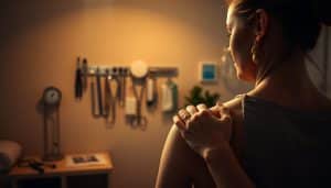A dimly lit, serene physiotherapy clinic. In the foreground, a skilled physical therapist demonstrates a precise, targeted manual therapy technique on a patient's shoulder. The therapist's hands are delicately applying pressure, their movements fluid and intentional. The patient's face conveys a sense of relief as the tension is gently released. In the middle ground, various medical instruments and tools are neatly arranged, hinting at the clinic's expertise. The background is softly blurred, creating a calming, focused atmosphere. Warm, natural lighting casts a gentle glow, conveying the care and professionalism of the practice. Overall, the scene depicts the fundamentals of manual therapy for pain management in a serene, therapeutic setting.